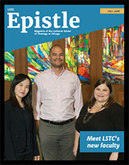 Cover of the Fall 2018 Epistile, three new faculty members smiling in the Augustana Chapel