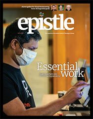 Cover of the Fall 2020 Epistle, a masked person is working on a computer