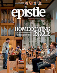 Cover of the Fall 2022 Epistle, Homecoming attendees meet in the Augustana Chapel