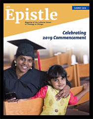 Cover of the Summer 2019 Epistle, a graduate in a gown is smiling with a small child