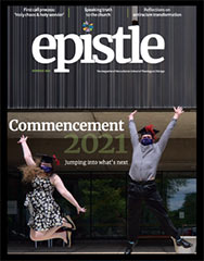 Cover for the Summer 2021 Epistle, two graduates celebrating in front of LSTC