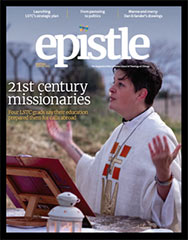 Cover of the Winter Spring 2021 Epistle, a pastor conducts a service outside