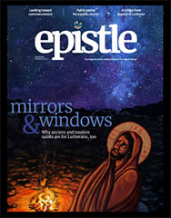 Cover of the Winter Spring 2022 Epistle, a saint with a halo sits by the fire and looks up at the night sky