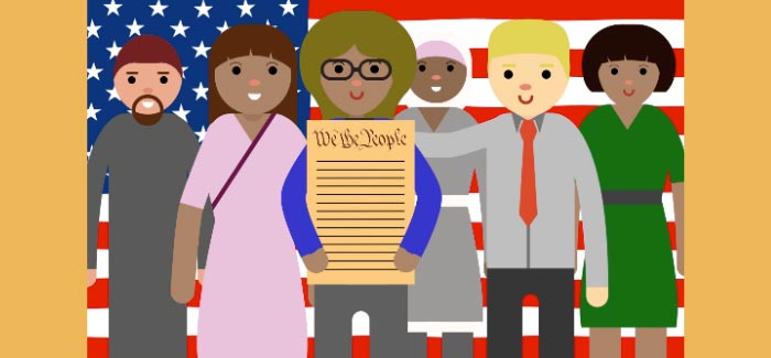 An illustration of people of different backgrounds in front of an American flag. A person in front of the group is holding the Constitution.