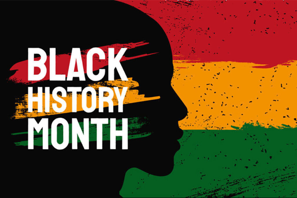 A profile of a face with Black History Month written over it. Wide bands of red, yellow, and green make up the background.