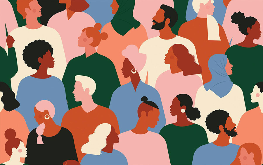 Illustration of a crowd made up of people of different races and genders.