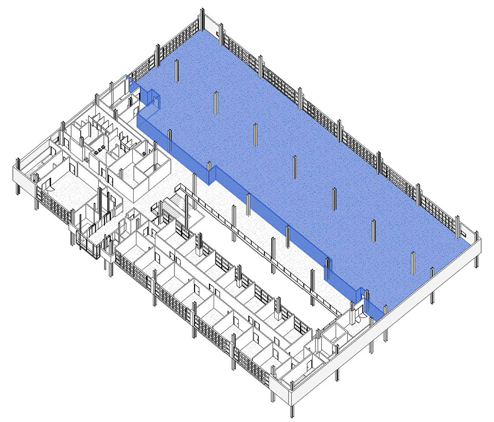 A 3D schematic of the fourth floor of the CTU. A blue overlay divides the floor in half, showing which portion will be moving into.