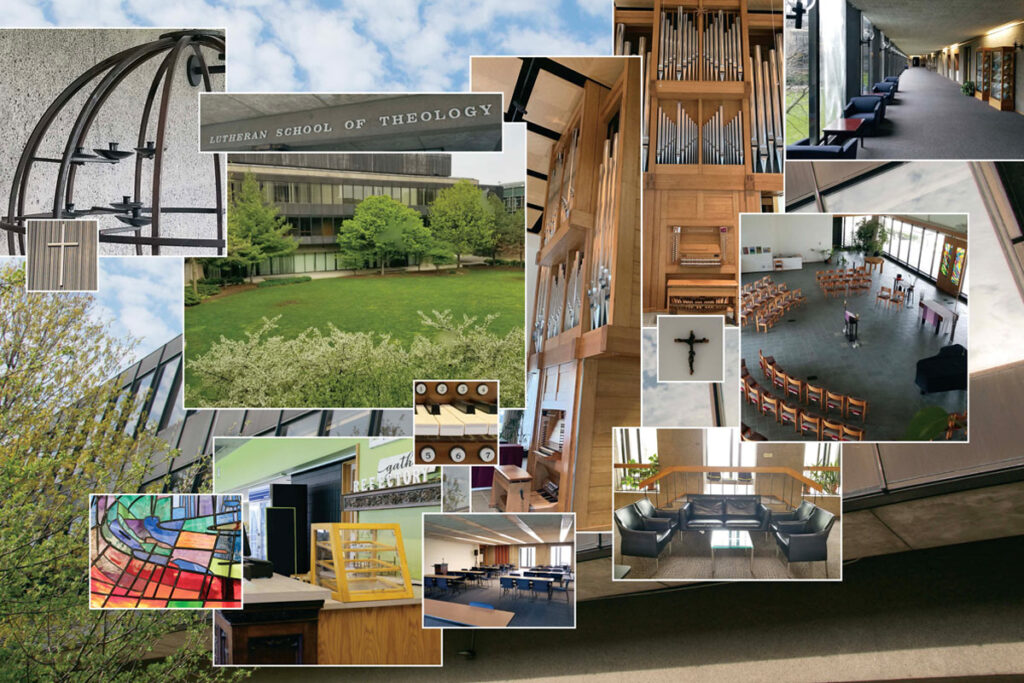 A collage of pictures from around LSTC's campus, including the Augustana Chapel, courtyard, hallways, classrooms, and artwork.