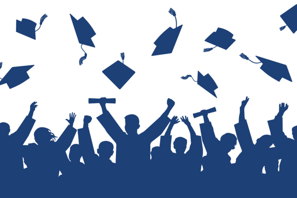 An illustration showing silhouettes of recent graduates throwing their caps in the air