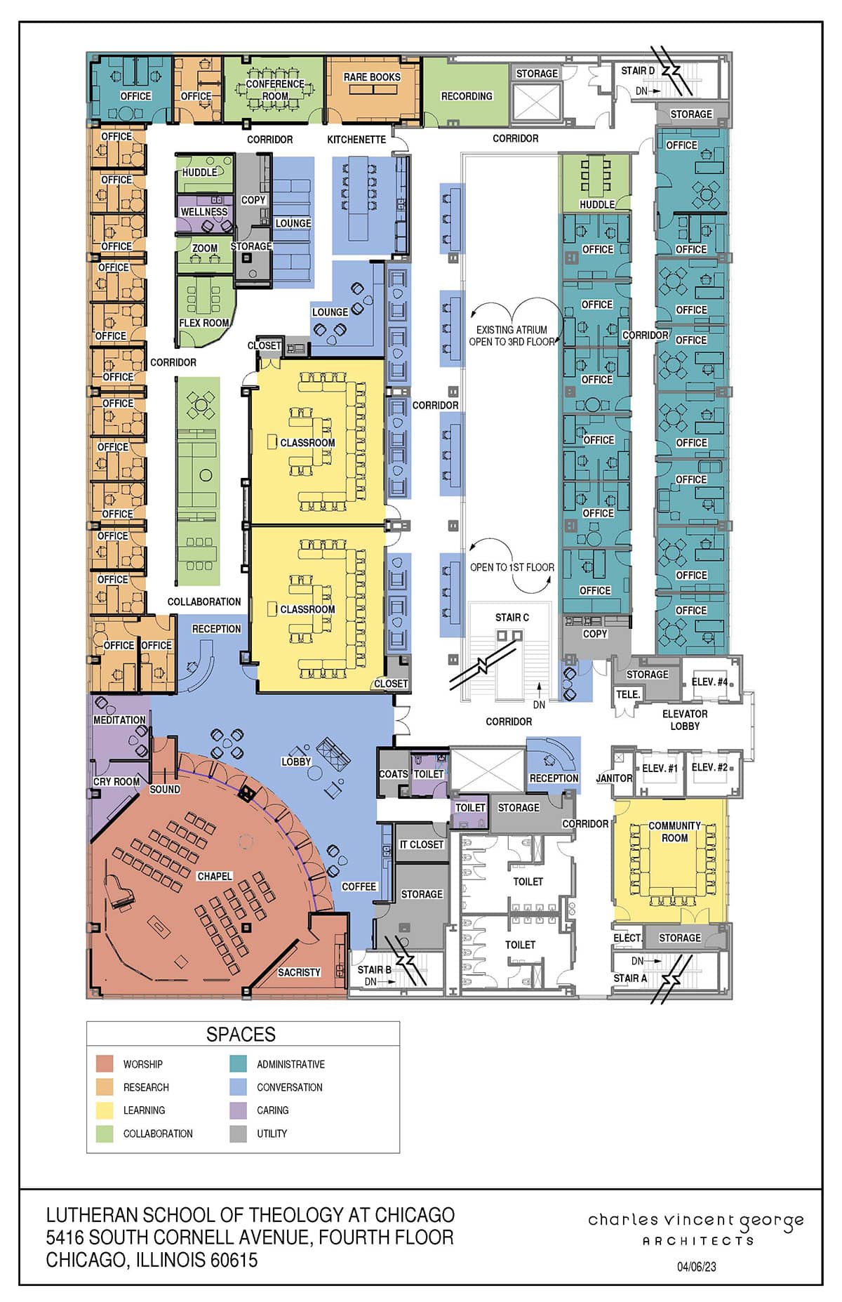 A floorplan of LSTC's new space. The floorplan is color-coded into spaces for different uses: worship, research, learning, collaboration, administrative, conversation, caring, and utility.