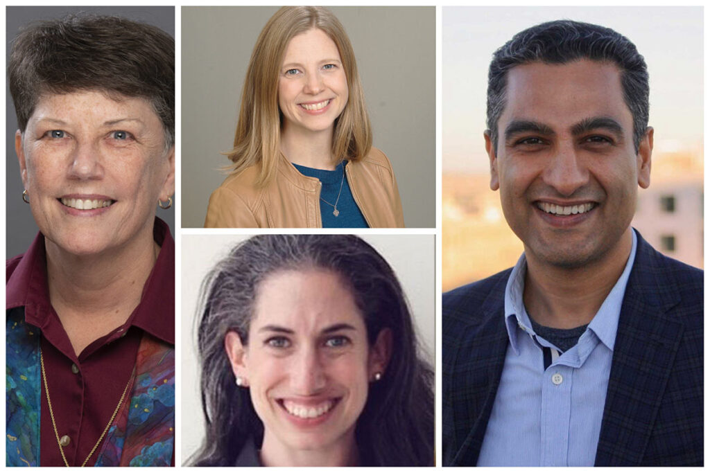 A grid of CCME webinar speakers: Dr. Syed Atif Rizwan (right), Rev. Jennie English Dumont (upper middle) Rabbi Anna Levin Rosen (lower center), Dr. Laurie Brink (left)