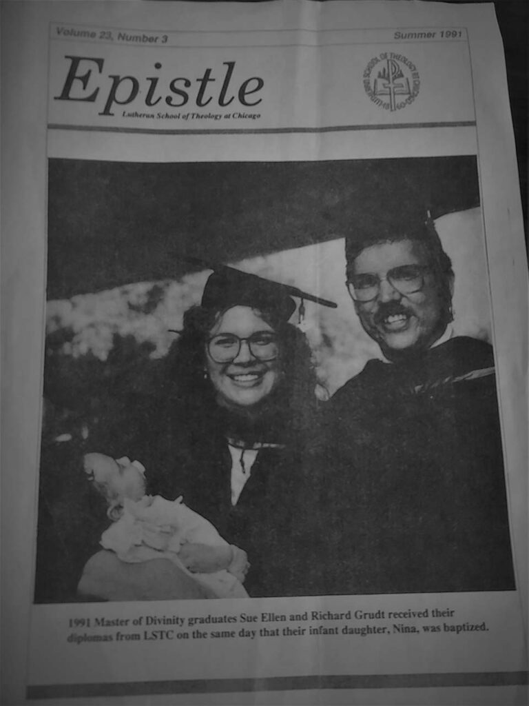 A copy of a Summer 1991 Epistle with Rev. Sue Ellen, Rev. Richard Grudt, and their baby girl on the cover
