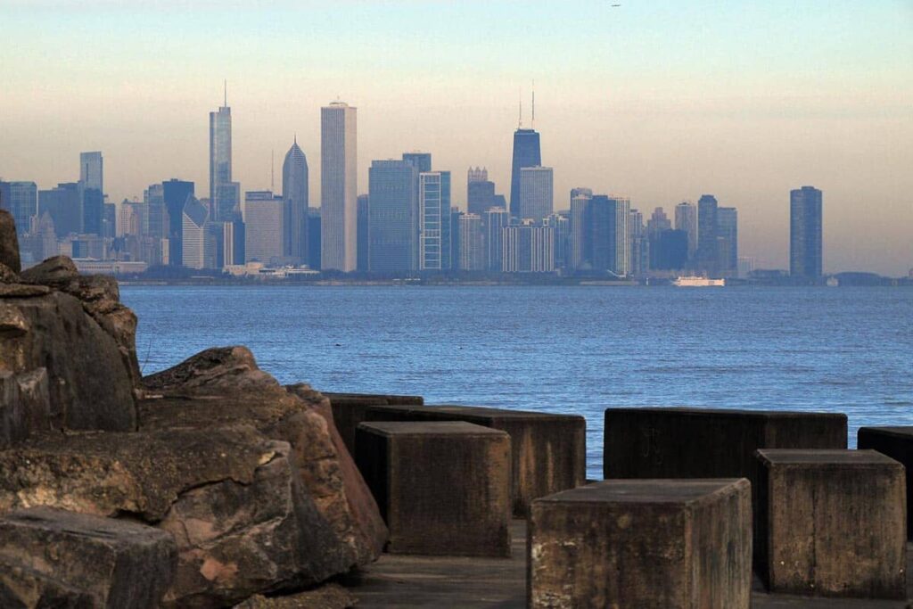 A view of the Chicago skyline across Lake Michigan from Promontory Point in Hyde Park