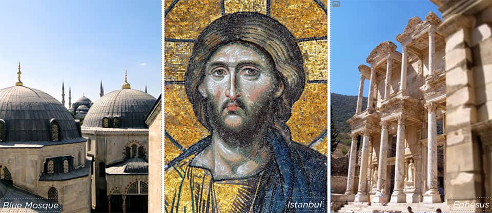 Three images from left to right: the rooftop of the Blue Mosque in Istanbul, Deesis Mosaic of Jesus Christ in Istanbul, and the ruins of Ephesus in Turkey