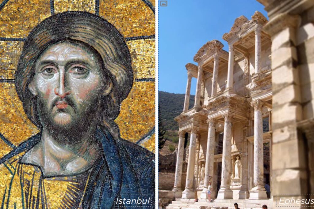 Two images from left to right: Deesis Mosaic of Jesus Christ in Istanbul, and the ruins of Ephesus in Turkey