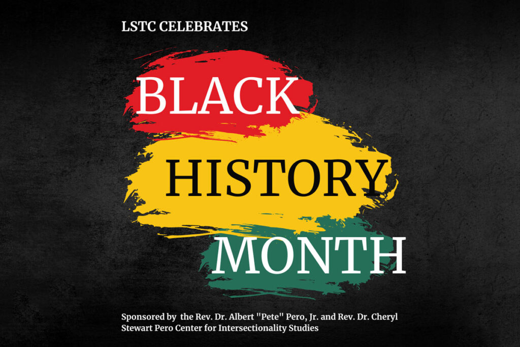 Black History Month promotional graphic, with red, yellow, and green brushstrokes