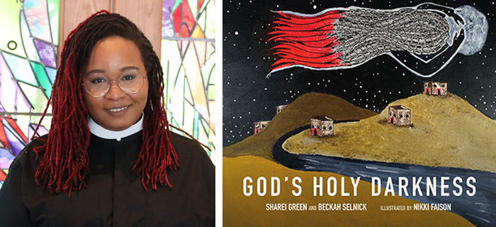 Headshot of author Sharei Green next to the cover of her book Gods Holy Darkness
