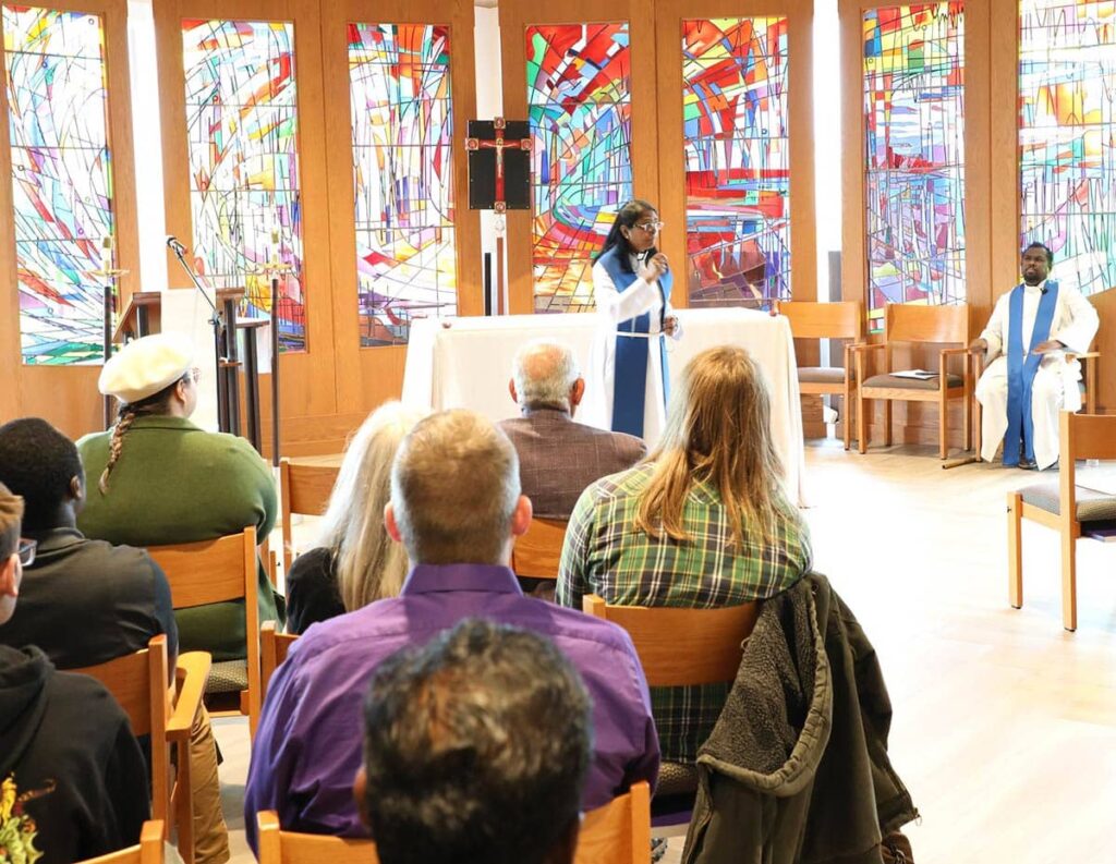 Rev. Dr. Evangeline Anderson-Rajkumar preaches in the LSTC chapel.