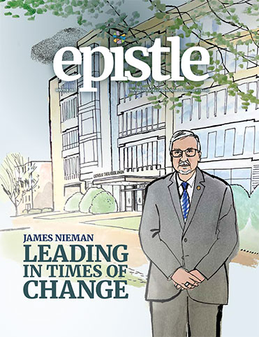 The cover of the 2024 Winter edition of Epistle magazine, featuring an illustration of President James Nieman standing in front of LSTC's campus. The title reads "James Nieman Leading in Times of Change".