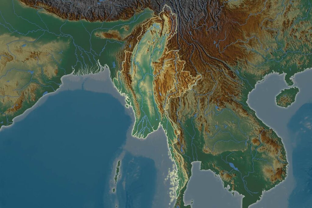 A terrain illustration of Myanmar.