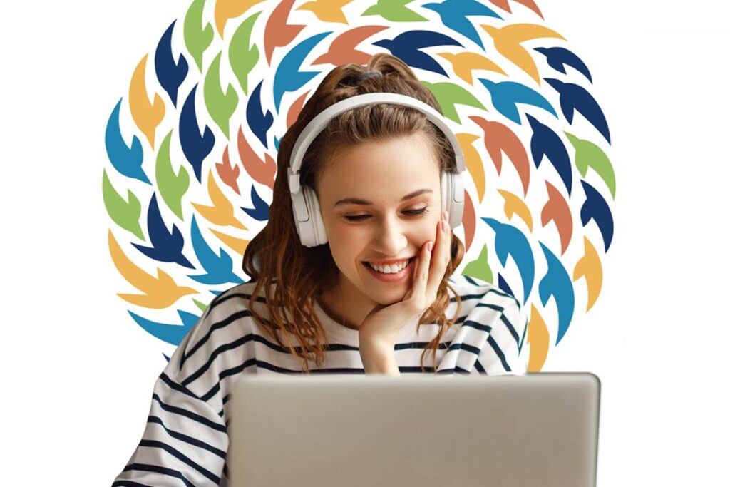 A young woman engaging in virtual learning with the Project Starling logo behind her.