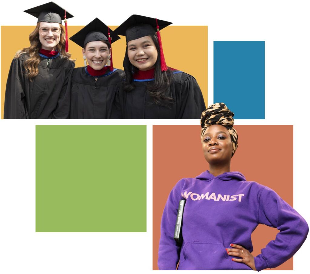 A collage of student Shemiah Curry and graduates posing for commencement.