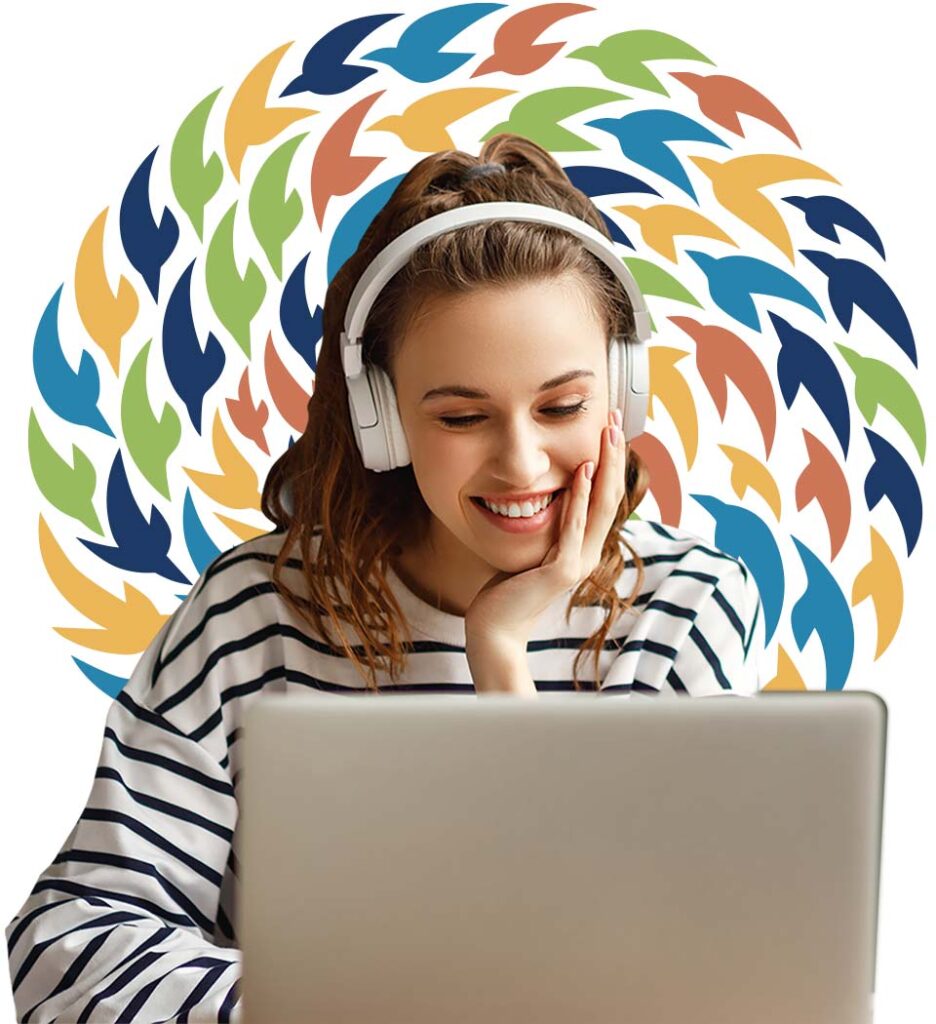 A young woman engaging in virtual learning with the Project Starling logo behind her.