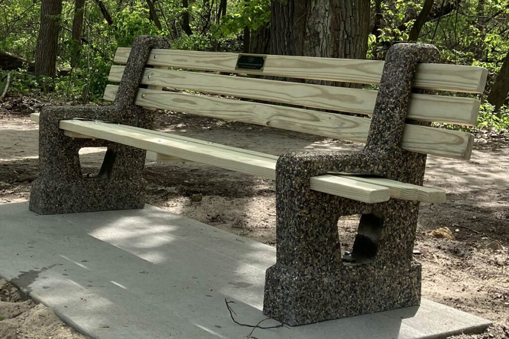 A bench dedicated to Dr. Joseph Sittler.