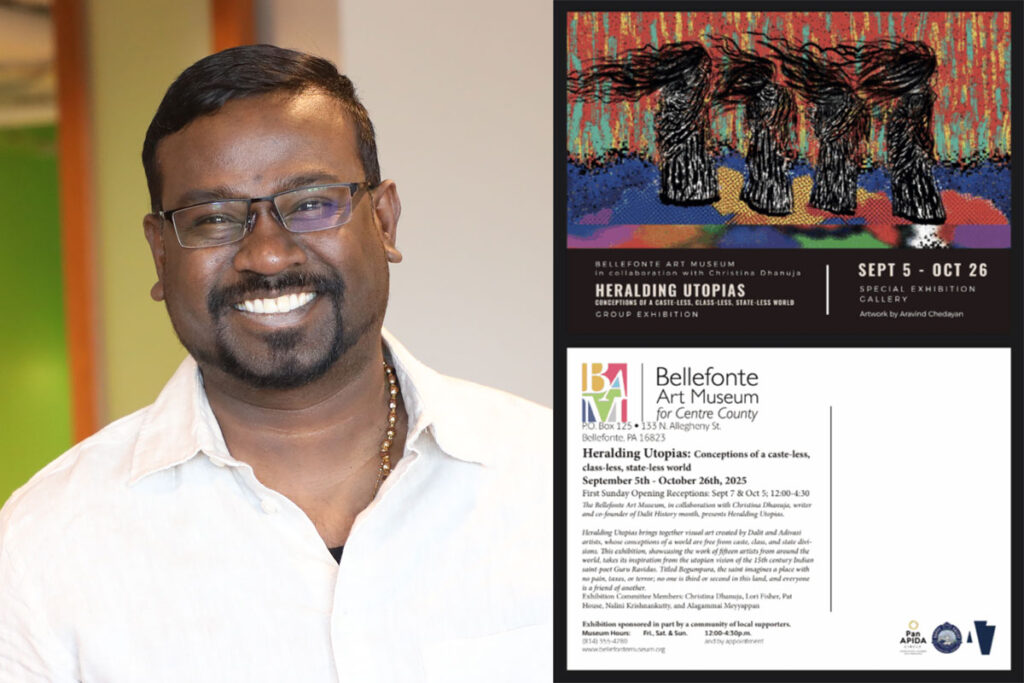 Paul Vivekanandh Karunakaran next to a flyer for the art exhibition he is participating in.