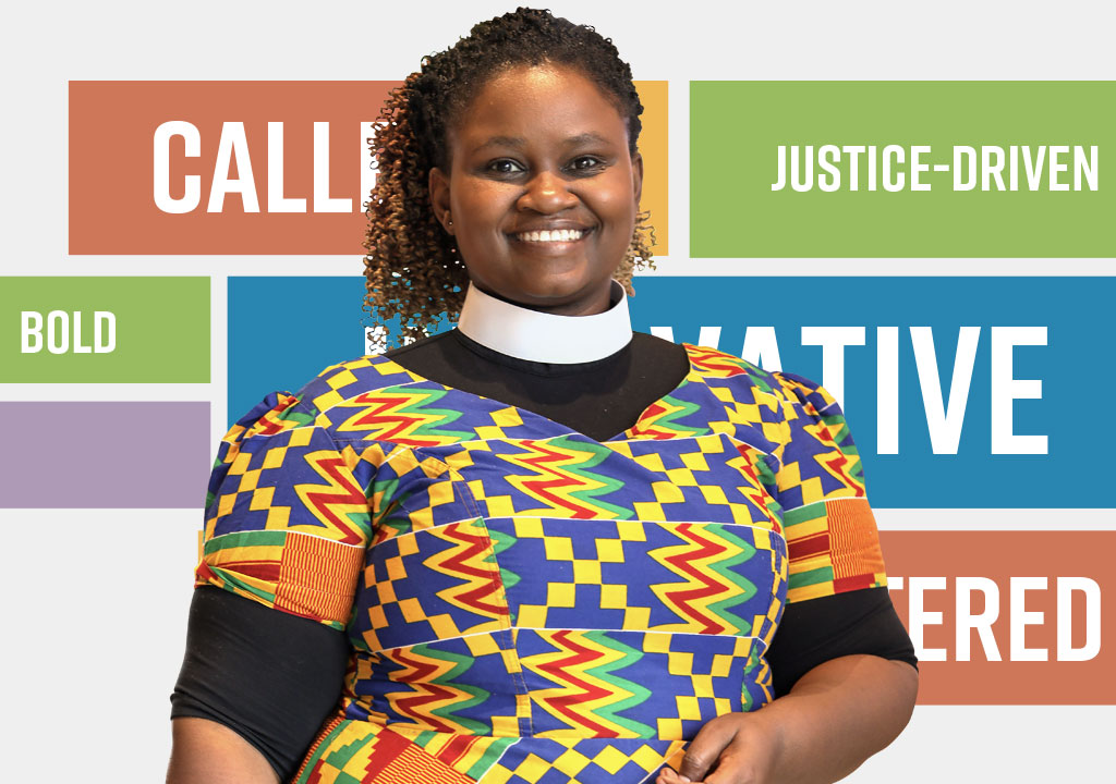 LSTC student Martha Ambarangu in front of a wordcloud reading called, innovative, visionary, bold, Christ-centered, and justice-driven.