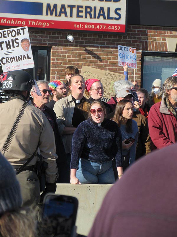 Students Adam Groenke, Lyndsay Monsen and Emily Moentmann join other protestors at the Broadview detention facility on November 14, 2025.