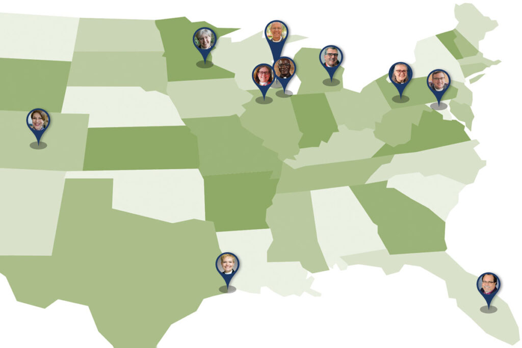 A map of the United States showing ten bishops from LSTC installed in Colorado, Texas, Minnesota, Wisconsin, Illinois, Michigan, Pennsylvania, Maryland, and Florida.